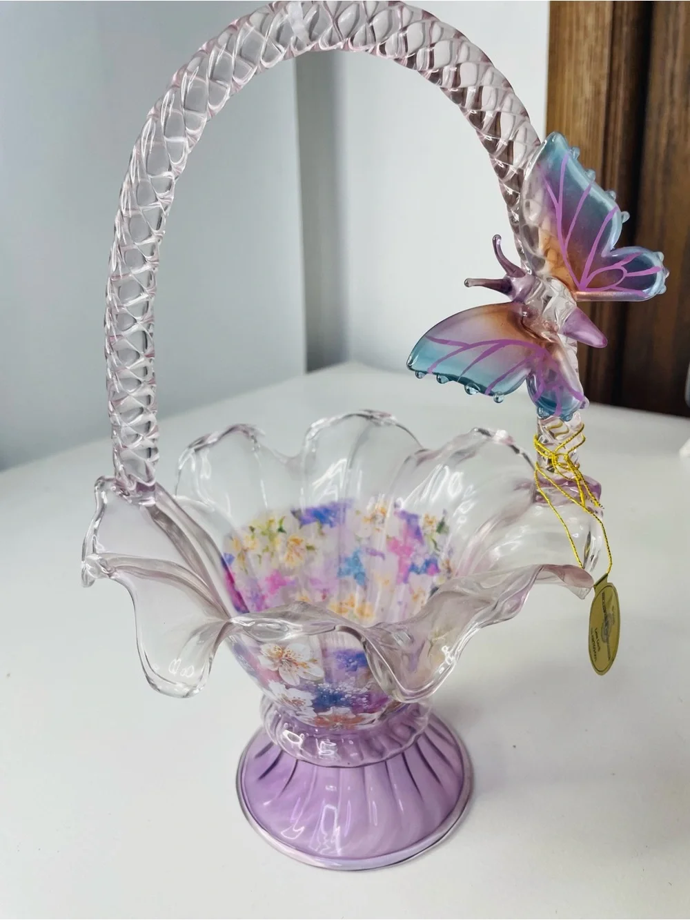 The Bradford Exchange Hand Blown Glass Basket with Multicolor Butterfly Accent